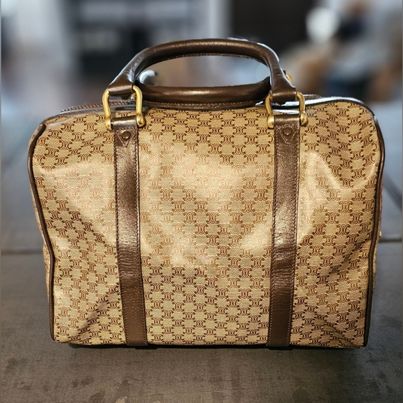 CELINE CREAM AND BROWN LEATHER MACADAM BOSTON BAG - Picture 2 of 7